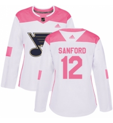 Women's Adidas St. Louis Blues #12 Zach Sanford Authentic White/Pink Fashion NHL Jersey