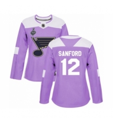Women's St. Louis Blues #12 Zach Sanford Authentic Purple Fights Cancer Practice 2019 Stanley Cup Final Bound Hockey Jersey