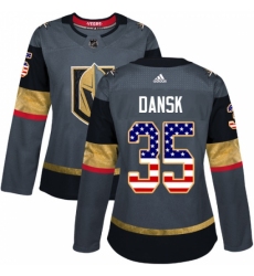 Women's Adidas Vegas Golden Knights #35 Oscar Dansk Authentic Gray USA Flag Fashion NHL Jersey
