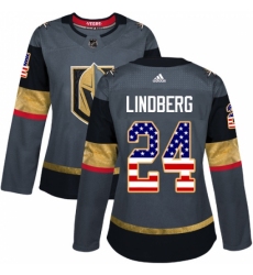 Women's Adidas Vegas Golden Knights #24 Oscar Lindberg Authentic Gray USA Flag Fashion NHL Jersey