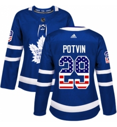 Women's Adidas Toronto Maple Leafs #29 Felix Potvin Authentic Royal Blue USA Flag Fashion NHL Jersey