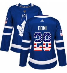Women's Adidas Toronto Maple Leafs #28 Tie Domi Authentic Royal Blue USA Flag Fashion NHL Jersey