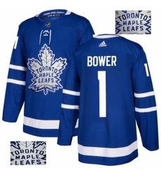 Men's Adidas Toronto Maple Leafs #1 Johnny Bower Authentic Royal Blue Fashion Gold NHL Jersey