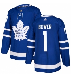 Men's Adidas Toronto Maple Leafs #1 Johnny Bower Authentic Royal Blue Home NHL Jersey