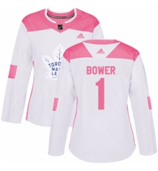 Women's Adidas Toronto Maple Leafs #1 Johnny Bower Authentic White/Pink Fashion NHL Jersey