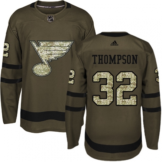 Men's Adidas St. Louis Blues #32 Tage Thompson Authentic Green Salute to Service NHL Jersey Men's Adidas St. Louis Blues #32 Tage Thompson Authentic Green Salute to Service NHL Jersey
