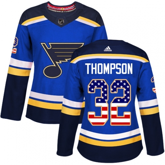 Women's Adidas St. Louis Blues #32 Tage Thompson Authentic Blue USA Flag Fashion NHL Jersey Women's Adidas St. Louis Blues #32 Tage Thompson Authentic Blue USA Flag Fashion NHL Jersey