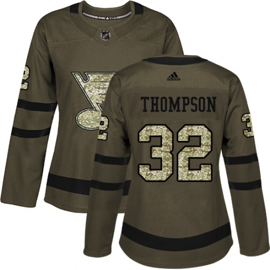 Women's Adidas St. Louis Blues #32 Tage Thompson Authentic Green Salute to Service NHL Jersey Women's Adidas St. Louis Blues #32 Tage Thompson Authentic Green Salute to Service NHL Jersey