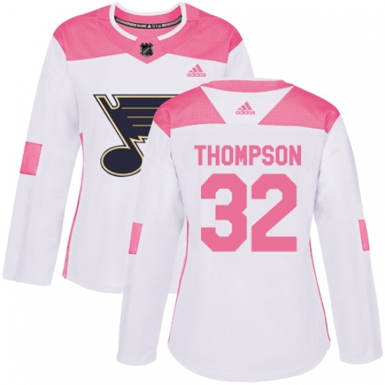 Women's Adidas St. Louis Blues #32 Tage Thompson Authentic White/Pink Fashion NHL Jersey Women's Adidas St. Louis Blues #32 Tage Thompson Authentic White/Pink Fashion NHL Jersey