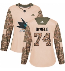 Women's Adidas San Jose Sharks #74 Dylan DeMelo Authentic Camo Veterans Day Practice NHL Jersey