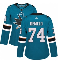 Women's Adidas San Jose Sharks #74 Dylan DeMelo Authentic Teal Green Home NHL Jersey