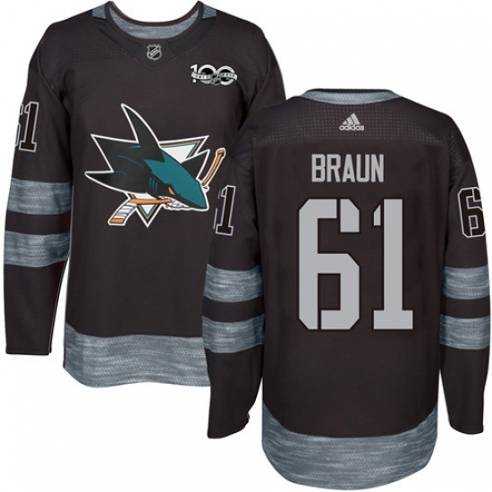 Men's Adidas San Jose Sharks #61 Justin Braun Authentic Black 1917-2017 100th Anniversary NHL Jersey Men's Adidas San Jose Sharks #61 Justin Braun Authentic Black 1917-2017 100th Anniversary NHL Jersey