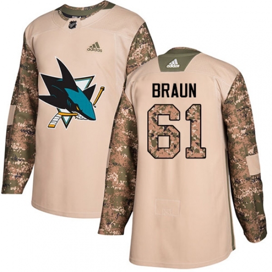 Men's Adidas San Jose Sharks #61 Justin Braun Authentic Camo Veterans Day Practice NHL Jersey Men's Adidas San Jose Sharks #61 Justin Braun Authentic Camo Veterans Day Practice NHL Jersey