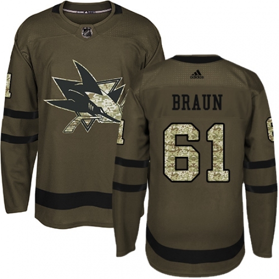 Men's Adidas San Jose Sharks #61 Justin Braun Authentic Green Salute to Service NHL Jersey Men's Adidas San Jose Sharks #61 Justin Braun Authentic Green Salute to Service NHL Jersey