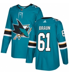 Men's Adidas San Jose Sharks #61 Justin Braun Authentic Teal Green Home NHL Jersey