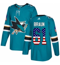 Men's Adidas San Jose Sharks #61 Justin Braun Authentic Teal Green USA Flag Fashion NHL Jersey Men's Adidas San Jose Sharks #61 Justin Braun Authentic Teal Green USA Flag Fashion NHL Jersey