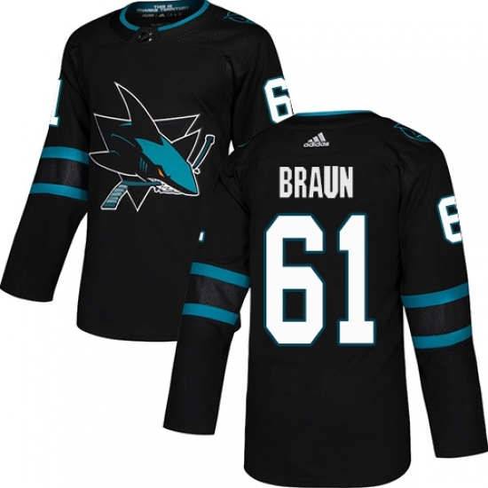 Men's Adidas San Jose Sharks #61 Justin Braun Premier Black Alternate NHL Jersey Men's Adidas San Jose Sharks #61 Justin Braun Premier Black Alternate NHL Jersey