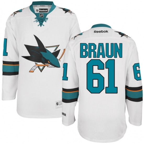 Men's Reebok San Jose Sharks #61 Justin Braun Authentic White Away NHL Jersey Men's Reebok San Jose Sharks #61 Justin Braun Authentic White Away NHL Jersey