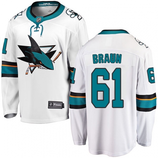 Men's San Jose Sharks #61 Justin Braun Fanatics Branded White Away Breakaway NHL Jersey Men's San Jose Sharks #61 Justin Braun Fanatics Branded White Away Breakaway NHL Jersey