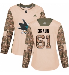 Women's Adidas San Jose Sharks #61 Justin Braun Authentic Camo Veterans Day Practice NHL Jersey