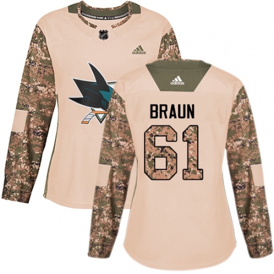Women's Adidas San Jose Sharks #61 Justin Braun Authentic Camo Veterans Day Practice NHL Jersey Women's Adidas San Jose Sharks #61 Justin Braun Authentic Camo Veterans Day Practice NHL Jersey