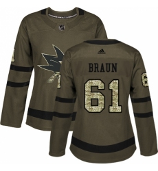 Women's Adidas San Jose Sharks #61 Justin Braun Authentic Green Salute to Service NHL Jersey
