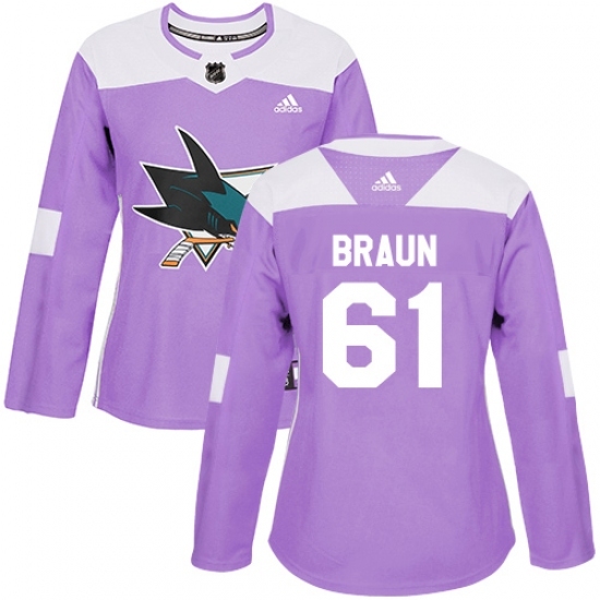 Women's Adidas San Jose Sharks #61 Justin Braun Authentic Purple Fights Cancer Practice NHL Jersey Women's Adidas San Jose Sharks #61 Justin Braun Authentic Purple Fights Cancer Practice NHL Jersey