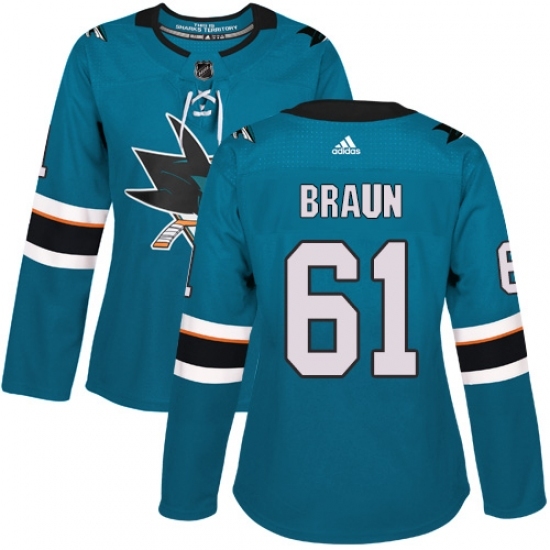 Women's Adidas San Jose Sharks #61 Justin Braun Authentic Teal Green Home NHL Jersey Women's Adidas San Jose Sharks #61 Justin Braun Authentic Teal Green Home NHL Jersey