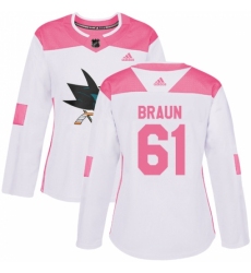 Women's Adidas San Jose Sharks #61 Justin Braun Authentic White/Pink Fashion NHL Jersey Women's Adidas San Jose Sharks #61 Justin Braun Authentic White/Pink Fashion NHL Jersey
