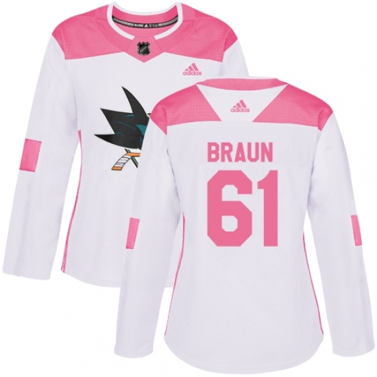 Women's Adidas San Jose Sharks #61 Justin Braun Authentic White/Pink Fashion NHL Jersey Women's Adidas San Jose Sharks #61 Justin Braun Authentic White/Pink Fashion NHL Jersey