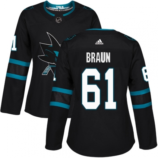 Women's Adidas San Jose Sharks #61 Justin Braun Premier Black Alternate NHL Jersey Women's Adidas San Jose Sharks #61 Justin Braun Premier Black Alternate NHL Jersey