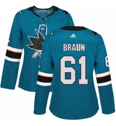Women's Adidas San Jose Sharks #61 Justin Braun Premier Teal Green Home NHL Jersey
