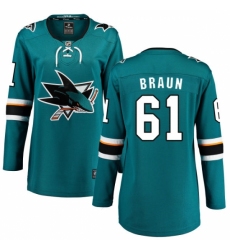 Women's San Jose Sharks #61 Justin Braun Fanatics Branded Teal Green Home Breakaway NHL Jersey Women's San Jose Sharks #61 Justin Braun Fanatics Branded Teal Green Home Breakaway NHL Jersey