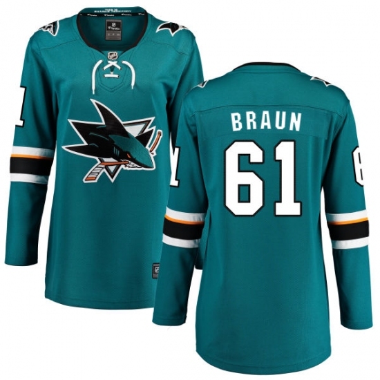 Women's San Jose Sharks #61 Justin Braun Fanatics Branded Teal Green Home Breakaway NHL Jersey Women's San Jose Sharks #61 Justin Braun Fanatics Branded Teal Green Home Breakaway NHL Jersey