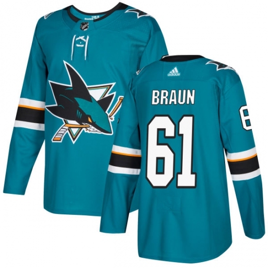 Youth Adidas San Jose Sharks #61 Justin Braun Authentic Teal Green Home NHL Jersey Youth Adidas San Jose Sharks #61 Justin Braun Authentic Teal Green Home NHL Jersey