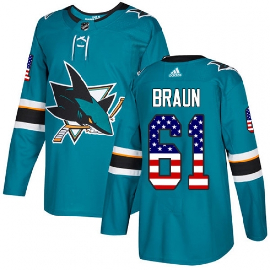 Youth Adidas San Jose Sharks #61 Justin Braun Authentic Teal Green USA Flag Fashion NHL Jersey Youth Adidas San Jose Sharks #61 Justin Braun Authentic Teal Green USA Flag Fashion NHL Jersey