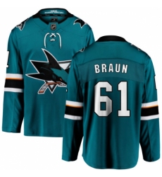 Youth San Jose Sharks #61 Justin Braun Fanatics Branded Teal Green Home Breakaway NHL Jersey