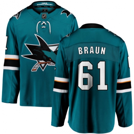 Youth San Jose Sharks #61 Justin Braun Fanatics Branded Teal Green Home Breakaway NHL Jersey Youth San Jose Sharks #61 Justin Braun Fanatics Branded Teal Green Home Breakaway NHL Jersey