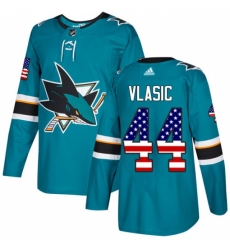 Men's Adidas San Jose Sharks #44 Marc-Edouard Vlasic Authentic Teal Green USA Flag Fashion NHL Jersey