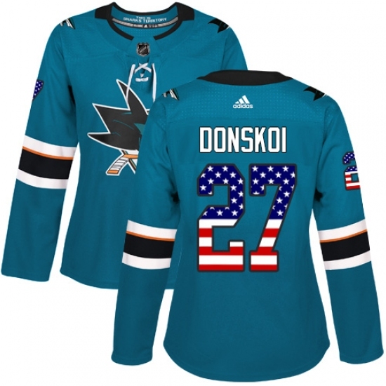 Women's Adidas San Jose Sharks #27 Joonas Donskoi Authentic Teal Green USA Flag Fashion NHL Jersey Women's Adidas San Jose Sharks #27 Joonas Donskoi Authentic Teal Green USA Flag Fashion NHL Jersey