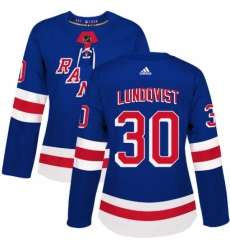 Women's Adidas New York Rangers #30 Henrik Lundqvist Authentic Royal Blue Home NHL Jersey