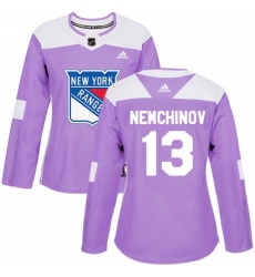 Women's Adidas New York Rangers #13 Sergei Nemchinov Authentic Purple Fights Cancer Practice NHL Jersey