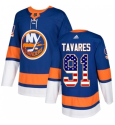 Men's Adidas New York Islanders #91 John Tavares Authentic Royal Blue USA Flag Fashion NHL Jersey