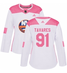 Women's Adidas New York Islanders #91 John Tavares Authentic White/Pink Fashion NHL Jersey