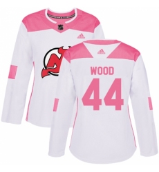 Women's Adidas New Jersey Devils #44 Miles Wood Authentic White/Pink Fashion NHL Jersey