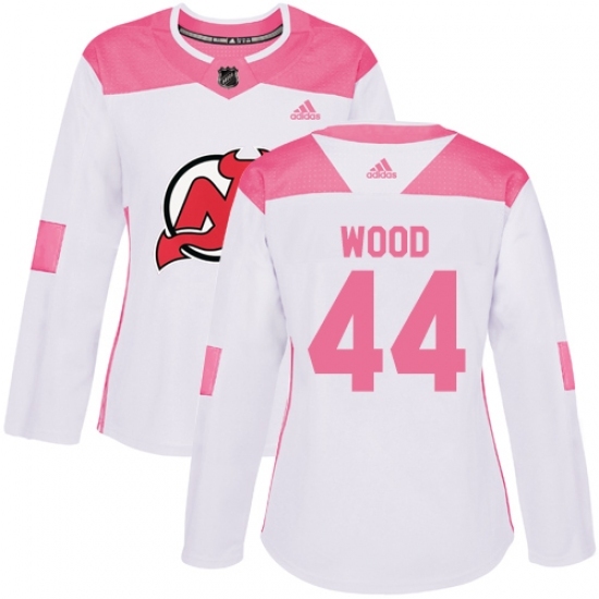 Women's Adidas New Jersey Devils #44 Miles Wood Authentic White/Pink Fashion NHL Jersey Women's Adidas New Jersey Devils #44 Miles Wood Authentic White/Pink Fashion NHL Jersey