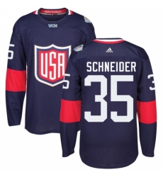 Men's Adidas Team USA #35 Cory Schneider Authentic Navy Blue Away 2016 World Cup Ice Hockey Jersey