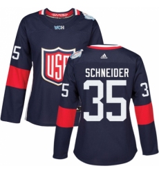 Women's Adidas Team USA #35 Cory Schneider Authentic Navy Blue Away 2016 World Cup Hockey Jersey