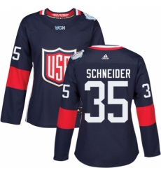 Women's Adidas Team USA #35 Cory Schneider Premier Navy Blue Away 2016 World Cup Hockey Jersey