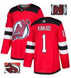 Men's Adidas New Jersey Devils #1 Keith Kinkaid Authentic Red Fashion Gold NHL Jersey